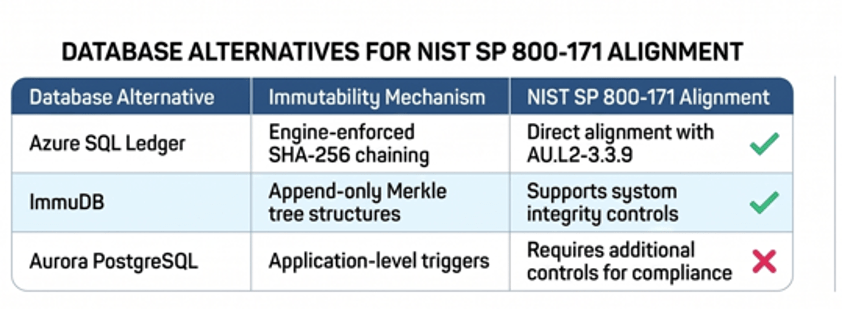 Table comparing database alternatives for NIST SP 800-171 alignment, including Azure SQL Ledger, ImmuDB, and Aurora PostgreSQL, with details on their immutability mechanisms and compliance status.