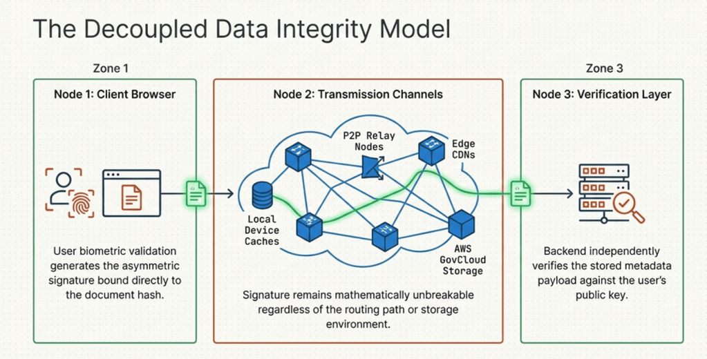 Diagram illustrating the Decoupled Data Integrity Model, featuring three nodes: Node 1 (Client Browser) for user biometric validation, Node 2 (Transmission Channels) showing P2P relay nodes and storage, and Node 3 (Verification Layer) for backend verification against a user's public key.