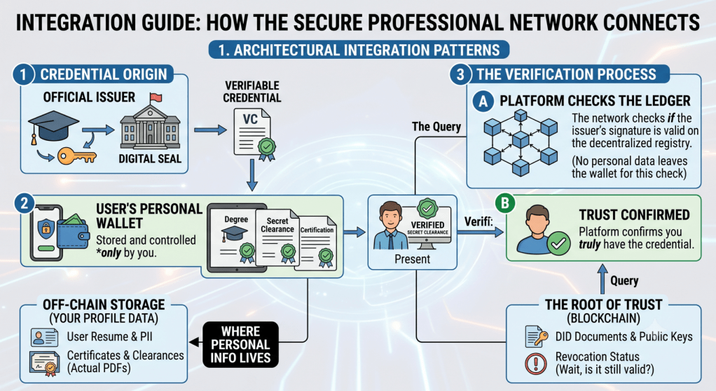Infographic illustrating the integration guide for a secure professional network, detailing the steps from credential origin by an official issuer, to the user's personal wallet for storage, and the verification process involving platform checks and blockchain technology.