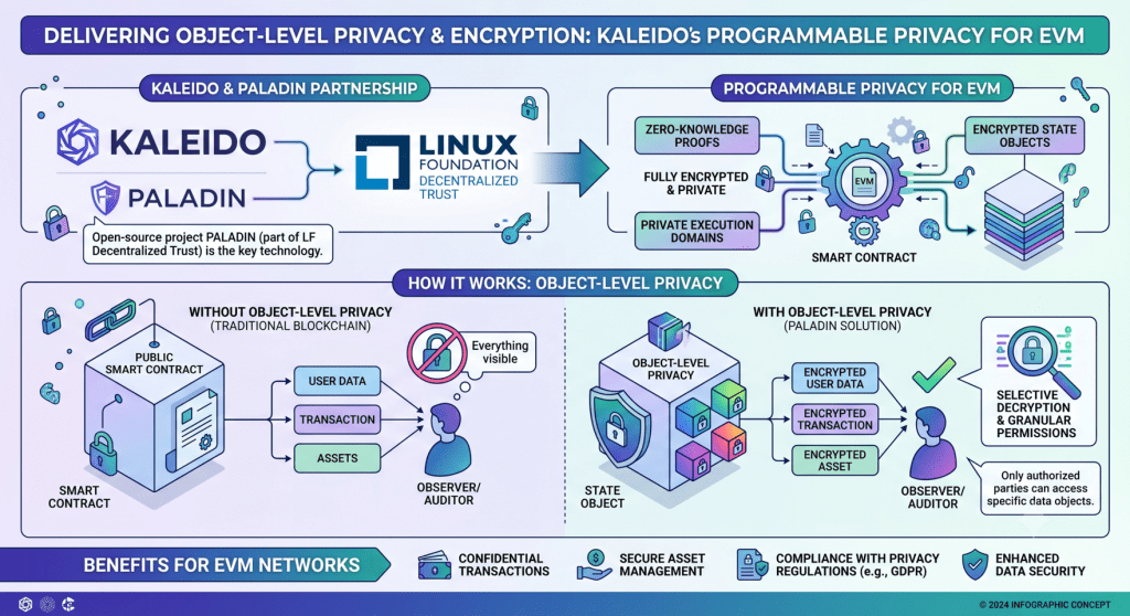 Infographic explaining Kaleido's partnership with Paladin for object-level privacy and encryption in EVM networks. It details how traditional blockchains expose user data and transactions, while the Paladin solution ensures encrypted data, selective decryption, and enhanced security through programmable privacy.