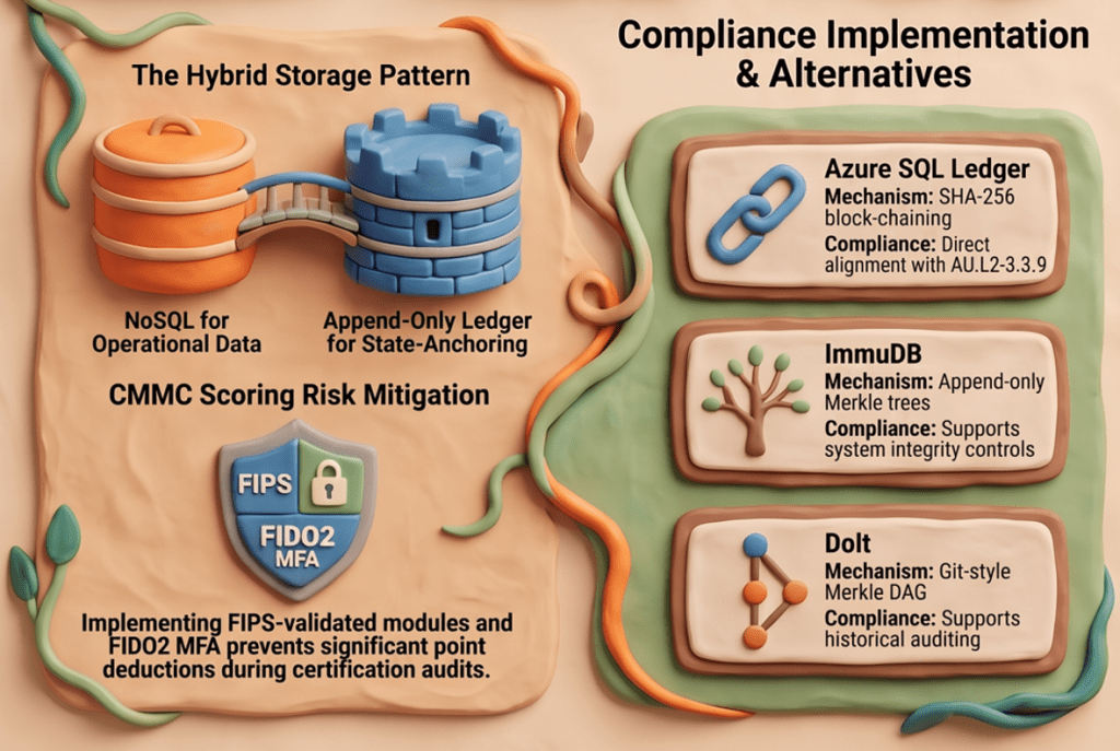 Infographic illustrating hybrid storage patterns and compliance implementation alternatives in data management. Features a NoSQL database for operational data and an append-only ledger for state-anchoring. Details on compliance mechanisms for Azure SQL Ledger, ImmuDB, and Dolt, along with CMMC scoring risk mitigation.
