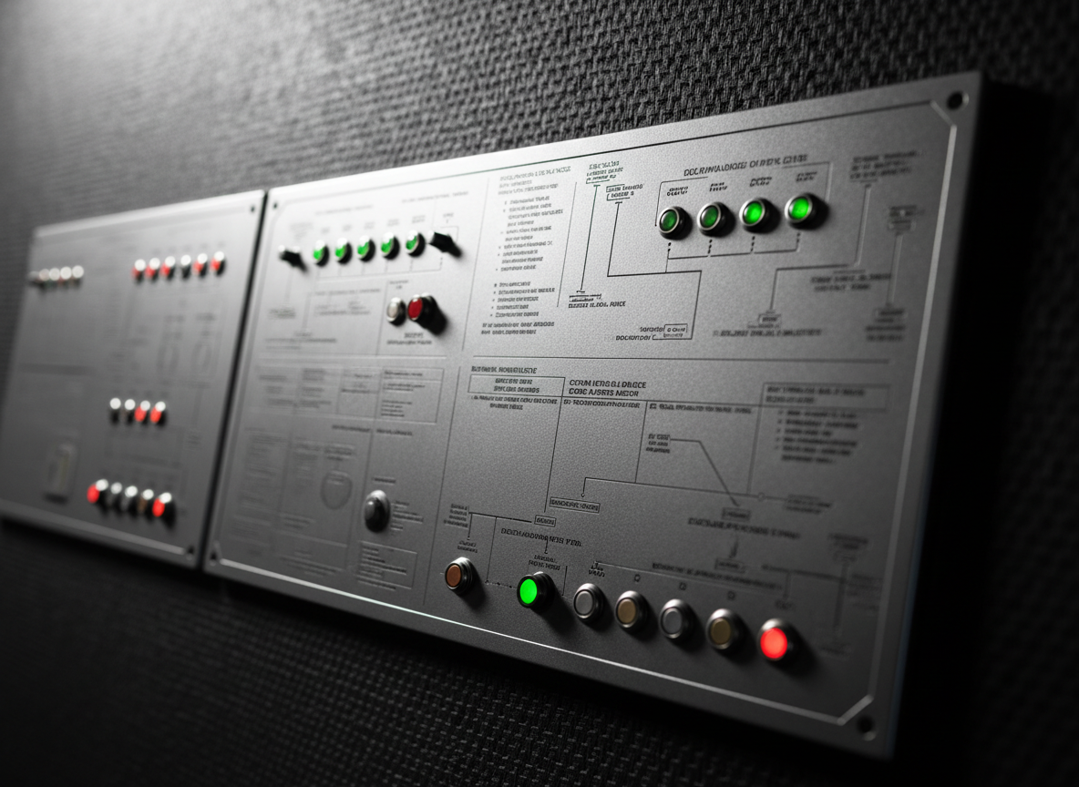 A close-up, photographic view of a rugged, brushed-steel control console embedded in a wall, its surface engraved with complex risk matrices, compliance checklists, and escalation paths laid out like a mechanical blueprint. Tiny mechanical indicator lights—some solid green, some urgent red—dot the panel, hinting at active monitoring. The console is set into a dark, textured composite wall reminiscent of ballistic material, suggesting hardened security posture. A single, intense side light from the left creates sharp, high-contrast shadows that emphasize engraved lines and textures, lending a tactile, no-nonsense mood. Captured at a slight angle with shallow depth of field, the foreground etchings are razor-sharp while the extremities blur, focusing attention on the stubborn logic of controls and decisions.