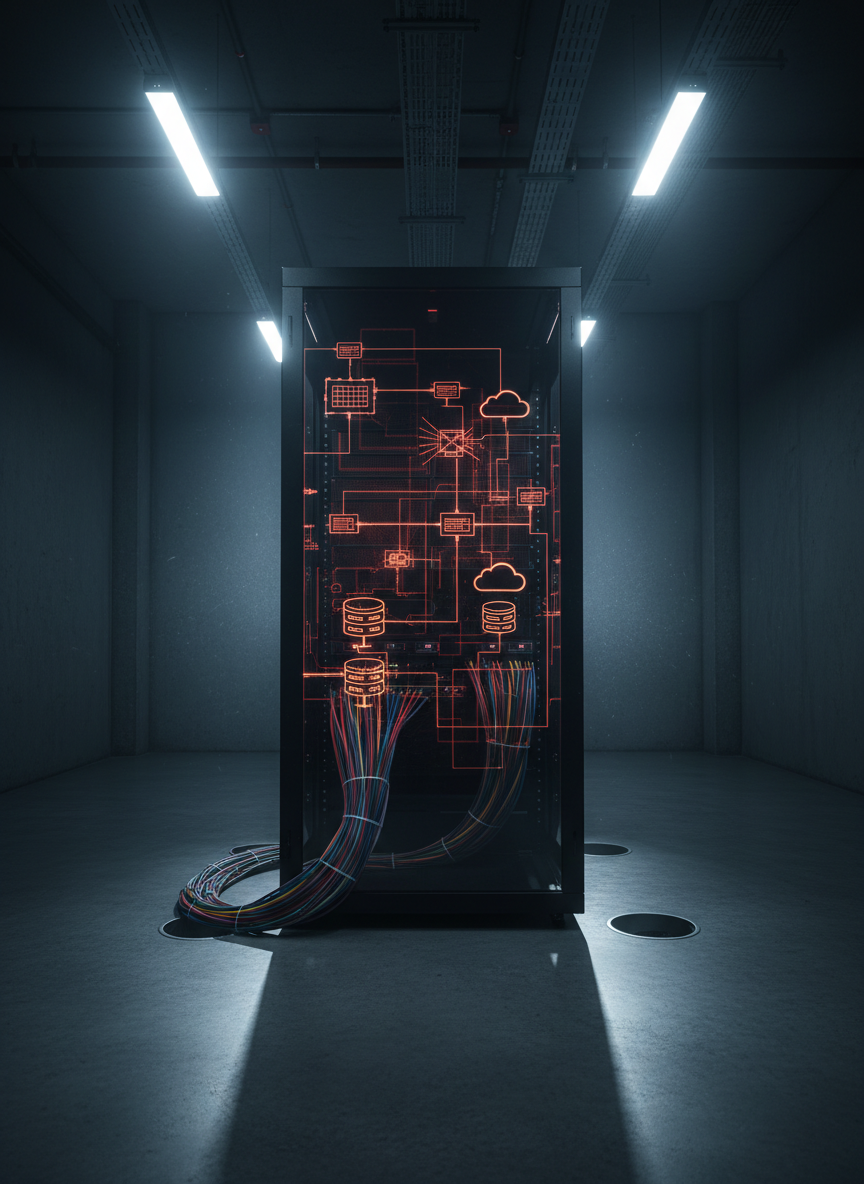 A hardened, matte-black server rack standing at the center of a dim, concrete-walled data center, its front doors replaced by a transparent panel overlaid with glowing red and amber architectural blueprints of an enterprise network. Fiber cables snake from the rack into the floor like tense, coiled veins. Overhead, cool white industrial LEDs cast sharp, directional light, creating bold highlights on metal edges and deep, assertive shadows behind. A subtle fog of dust motes catches the light, emphasizing the intensity of the environment. Captured at eye level with a slightly wide-angle lens, the composition uses strong leading lines of conduits and cable trays, delivering a photographic realism that feels bold, technical, and uncompromising—perfect for a cybersecurity framework landing page.