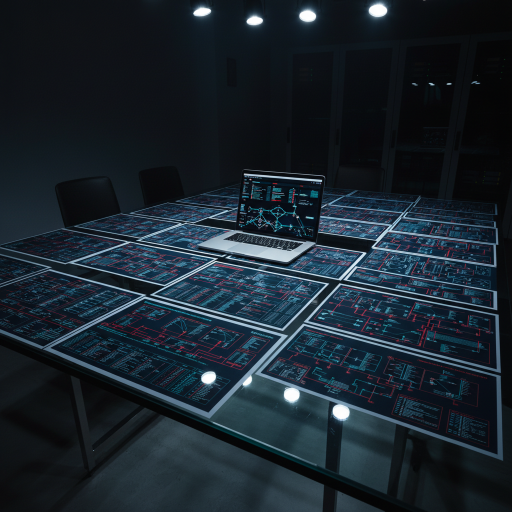 A massive glass tabletop in a stark, modern operations room, covered edge-to-edge with high-resolution printed network diagrams, GRC process flows, and continuity-of-operations schematics, all crisply detailed in dark navy, signal red, and electric teal. In the center rests an open, brushed-aluminum laptop showing a complex threat visualization dashboard reflected on the glass. Overhead, focused cool white spotlights carve strong contrasts, illuminating every line and symbol while leaving the surrounding room in controlled shadow. Shot from a high, three-quarter angle, the composition emphasizes the ordered chaos of documentation and the rigor of compliance work. The mood is intense and decisive, with a clean, photographic style that conveys mastery over risk, policy, and procedures.
