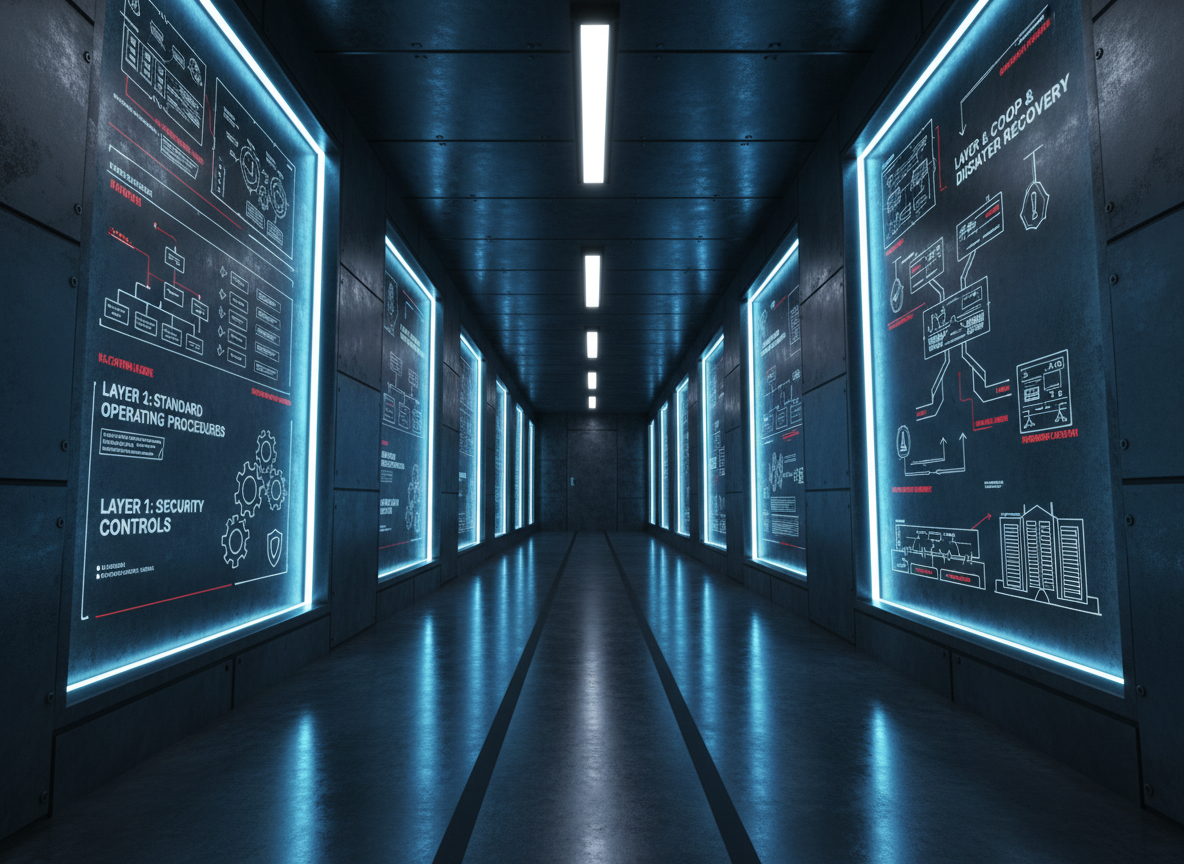 A long, industrial metal wall lined with oversized, backlit panels displaying a cybersecurity policy framework as a series of layered architectural blueprints. Each translucent panel shows different layers: controls, procedures, incident response, and COOP pathways, rendered like building schematics in precise monochrome with bold red annotations. The corridor floor is polished concrete reflecting the panels’ glow, while recessed linear LED lighting in the ceiling creates a dramatic tunnel effect. Photographed from a low-angle, looking down the corridor, the image has deep perspective lines and tack-sharp focus throughout. The atmosphere is bold, analytical, almost war-room-like, expressing stubborn resilience and structural rigor in governance and compliance.